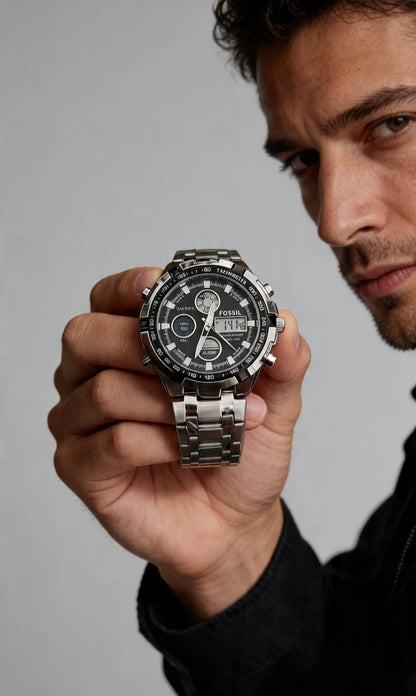 Reloj Fossil Hombre Ejecutivo Acero Inoxidable Doble Hora