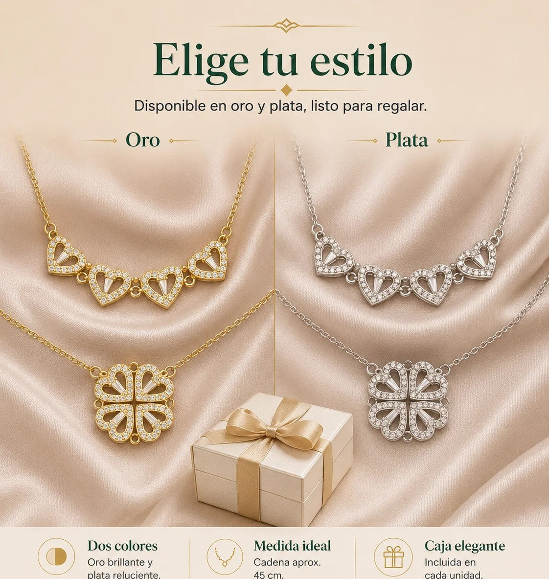 Collar Magnetico trebol de 4 corazones - 2 Estilos en 1 solo Collar + Caja de Lujo Gratis