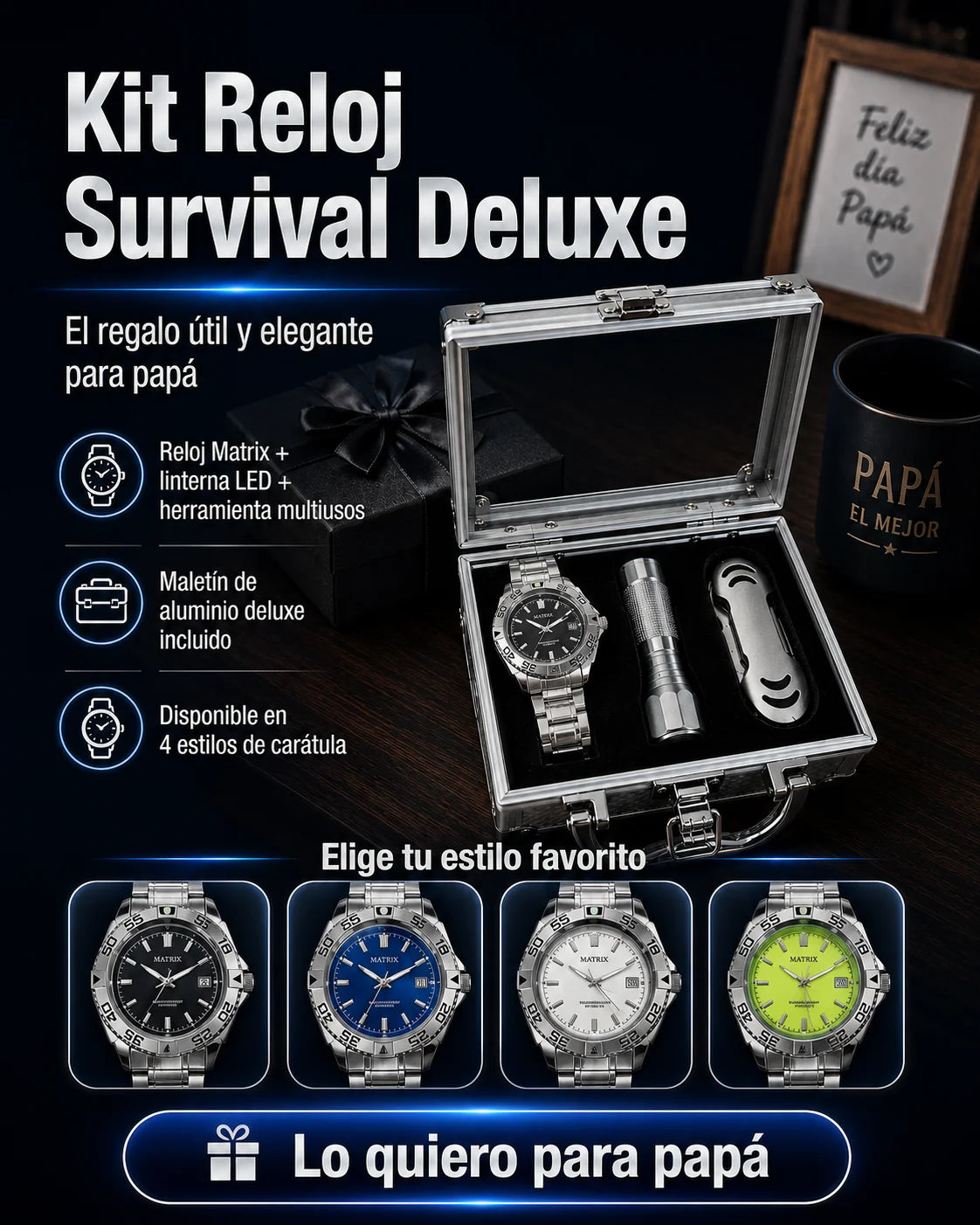 Kit Reloj Survival Deluxe (3 Piezas): Reloj Matrix + Linterna LED y Herramienta Multiusos