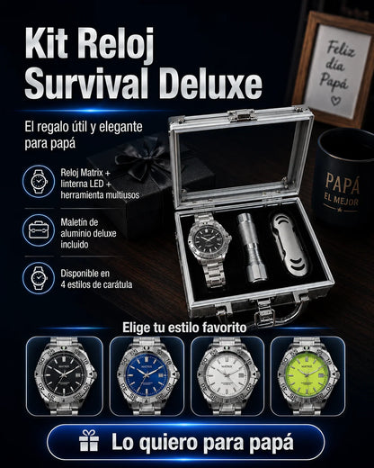 Kit Reloj Survival Deluxe (3 Piezas): Reloj Matrix + Linterna LED y Herramienta Multiusos