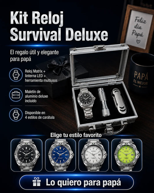 Kit Reloj Survival Deluxe (3 Piezas): Reloj Matrix + Linterna LED y Herramienta Multiusos